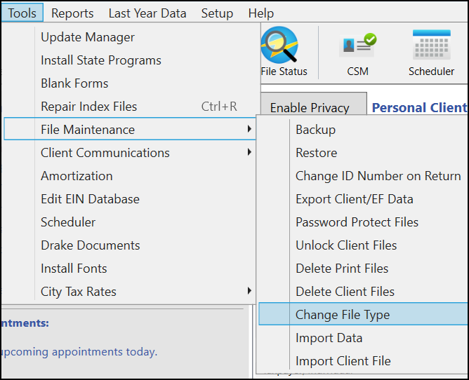 Image of Tools > File Maintenance > Change File Type